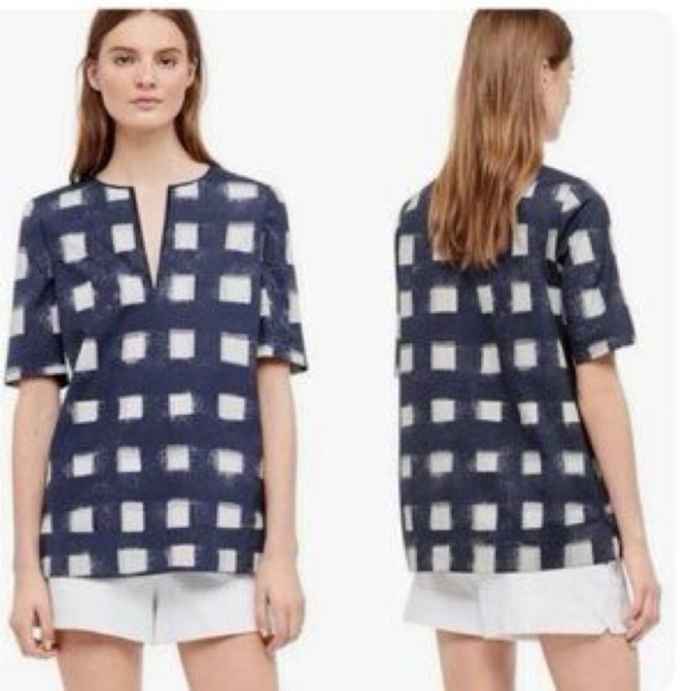 TORY BURCH Navy and White Square Pattern tunic short sleeve Blouse 4
